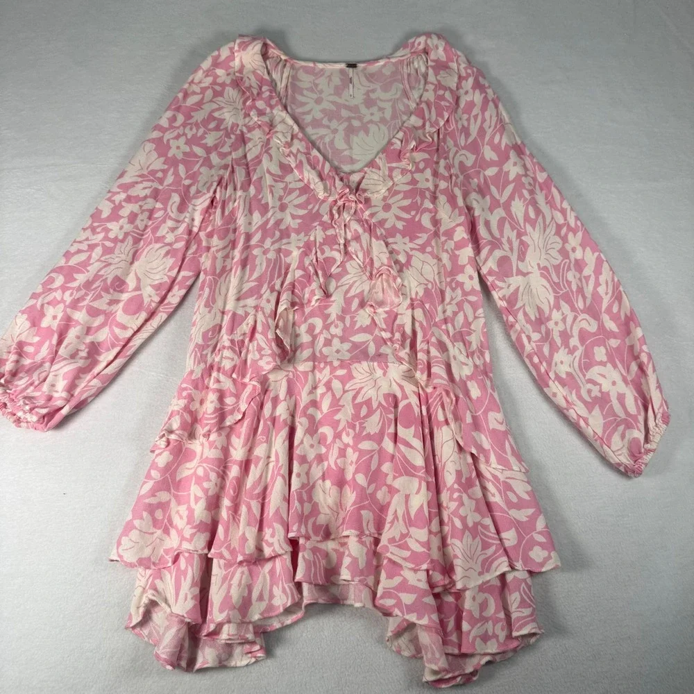 Free People Floral Tunic Dress Womens Size S Pink Rayon Boho Ruffle Tiered Mini